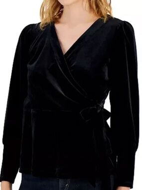 Nine West Black Velvet Wrap Top | Long Sleeve Peplum Blouse XS